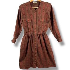 Vintage Calvin Klein Long Sleeve Shirtdress Red Brown Totem Paisley Size M